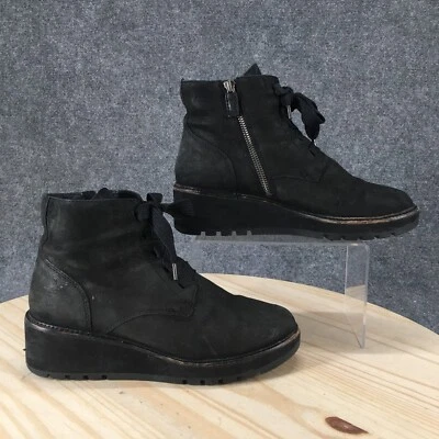 Eileen Fisher Boots Womens 8.5 Ankle Booties Black Leather Lace Up Wedge Zip - Image 1 of 4