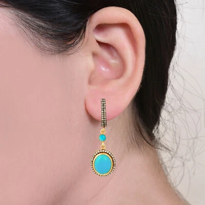 Turquoise Gemstone Diamond Pave 14K Gold Handmade Earrings 925 Silver Jewelry  - Image 1 of 4