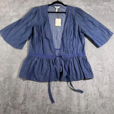 Chaqueta Matilda Jane Hour By Hour Azul Crochet Ribete Corbata Frontal Top Talla L Foto 1 de 4