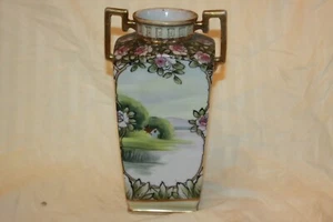 Vintage NIPPON Porcelain Moriage Scenic House Two Handle VASE Green Mark - Picture 1 of 10