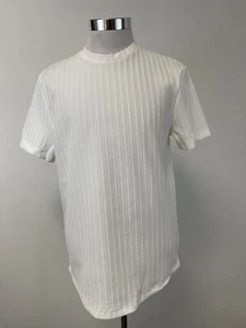 River Island Shirt Mens XL Tee White Striped Terry Knit Short Sleeve Slim N186 - Picture 1 of 8