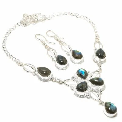 Juego de joyas de plata de ley 925 con piedras preciosas de labradorita hechas a mano Nec + Earr Foto 1 de 3