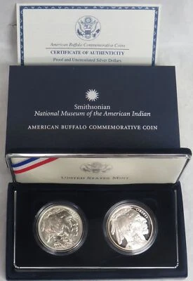 2001 P D SILVER BUFFALO PROOF COMMEMORATIVE $1 DOLLAR 2 COIN SET OGP - Image 1 of 3
