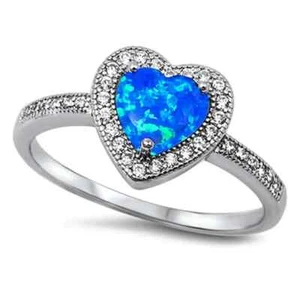 .925 Sterling Silver Heart Shape Simulated Blue Opal CZ Promise Ring - Picture 1 of 1