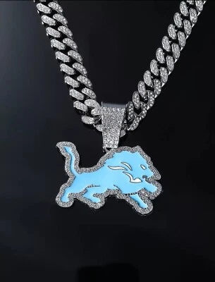 DETROIT LIONS GEM NECKLACE Silver Bling Football Pendant /w 24" Cuban Chain - Image 1 of 3