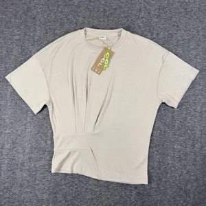 OGL Shirt Womens Medium Beige Modal Blend Pleated Waist Short Sleeve Cropped Top - Picture 1 of 8