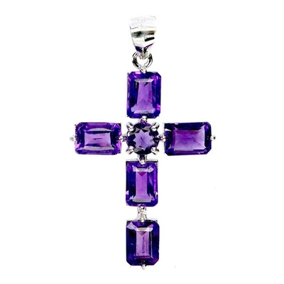 Colgante de plata de ley 925 octágono amatista 7x5 mm cruz piedras preciosas joyería Foto 1 de 4