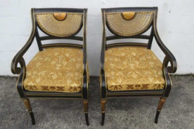 Hollywood Regency Painted Black And Gold Caned Side Chairs a Pair 6098A - Image 1 of 4