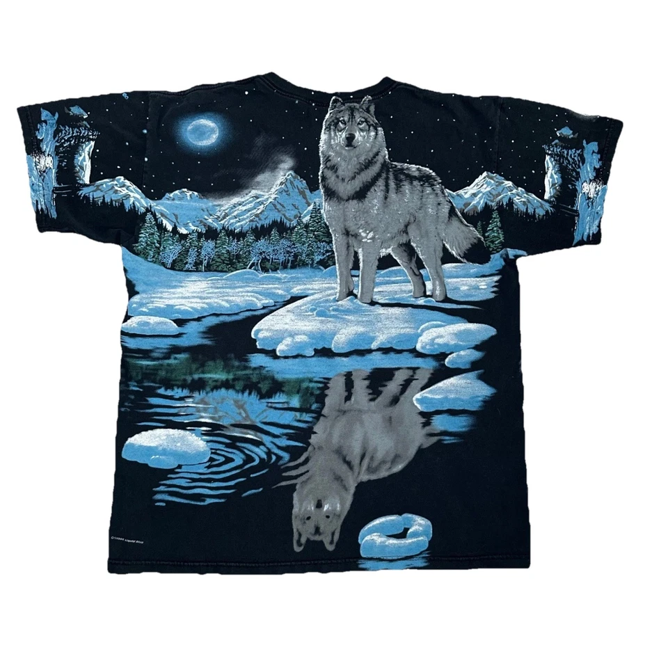Vintage Liquid Blue AOP 1996 Wolf Nature All Over Print Moonlight Shirt Mens - Image 1 of 4