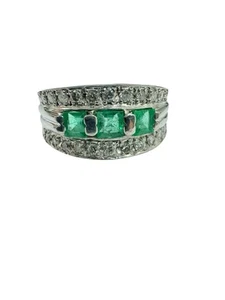 Estate 0.83 ctw Emerald & Diamond Multi Row Platinum Wide-Band Ring - Picture 1 of 6