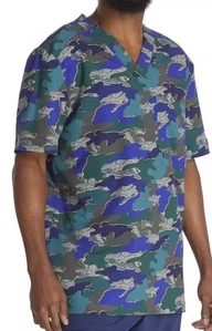 NWT Dickies Mens Scrub Top 2XL Cut Out Camo Print V-neck Blue Green Scrubs NEW - Picture 1 of 10