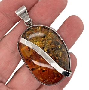Vintage Sterling Silver 925 1 5/8" 2-Tone Baltic Cognac Amber Pendant Signed W·M - Picture 1 of 4