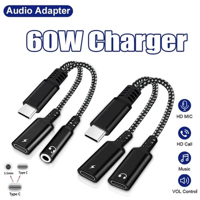 2 in 1 Type-C USB C to 3.5mm AUX Audio Headphone Jack Adapter Charger Cable New - Image 1 of 4