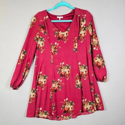 Mini Vestido Floral Charlotte Russe Manga Larga Cuello en V Rojo Borgoña Para Mujer Foto 1 de 4