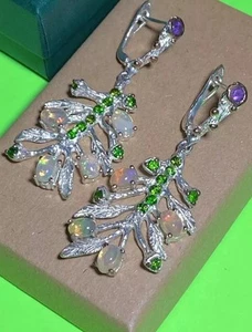 2” Modernist Sterling Silver Amethyst Opal Peridot 925 Freestyle Branch Earrings - Picture 1 of 2