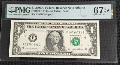 1$ 2003A Federal Reserve 67EPQ Black Star  + Radar Serial #  Beautiful Note - Image 1 of 2