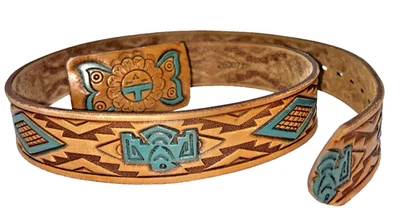 Cinto e fivela ocidentais vintage Chambers tamanho 38 couro genuíno pintado à mão - Imagem 1 de 4