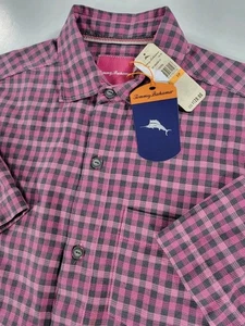 NEU Tommy Bahama Camp Hemd Herren Small 100 % Seide rosa grau Gingham kariert Neu mit Etikett - Bild 1 von 12