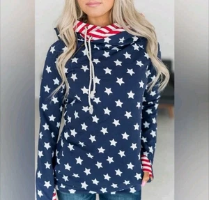 Ampersand Avenue Double Hood Stars Stripes America Hoodie Red White Blue Medium  - Picture 1 of 6