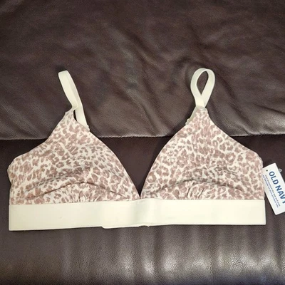 Old Navy Leopard Print Triangle Bralette Size M Cotton Blend Ivory Band Two Hook - Image 1 of 4