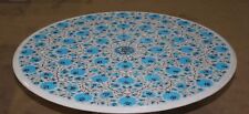 36 " Rond Marbre Table Top Pietra Dura Turquoise Pierres Floral Incrustation Art