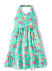 Gymboree Tropical Paradise sz 12 Green Flamingo Halter Dress NWT Polplin Summer - Picture 1 of 5
