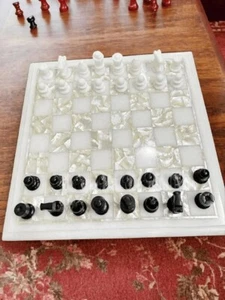 24" White Marble Chess Table Top Handmade Chessboard Luxury Home & Playing Decor - Picture 1 of 7