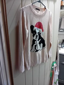 Women's Avenue Pink Sequinned French Bulldog Christmas Jumper, Size Small (8-10) - Picture 1 of 12