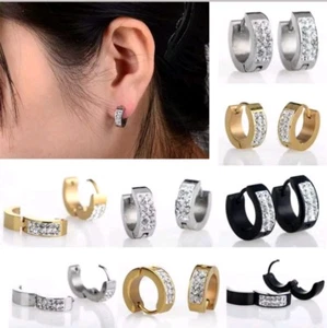 Stainless Steel Hoops 1 Pair Gold Iced CZ Fashion Unisex Skin Friendly - Picture 1 of 4