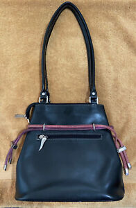 Lancaster Paris Vintage Black Leather Shoulder Bag Pink Purple Tassel Accents