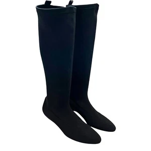 Salvatore Ferragamo knee high sock boots US womens 6 C solid black pull on wedge - Picture 1 of 10