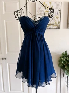 La Femme Blue Bead Ruched Bra Empire waist Strapless  Chiffon Mini Dress Size 4 - Picture 1 of 5