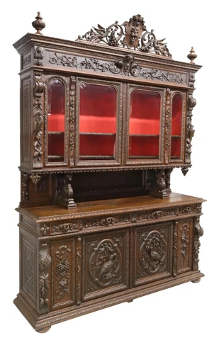 Antique Sideboard, Hunt, French Henri II Style, Carved, Oak, Beveled Gl, 20th C Cover