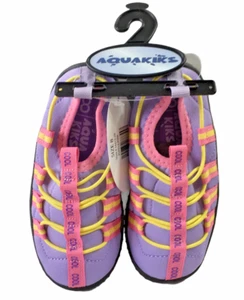 AquaKiks Water Shoe Toddler Girl Yellow, Pink, Purple Stripe Double Tab Size 8 - Picture 1 of 5
