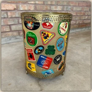 MCM Gold Tone Filigree Footed Waste Basket Trash Can Metal Ship Luggage Label - Picture 1 of 15