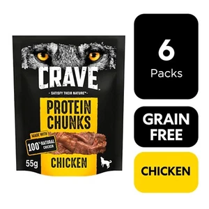 6 x 55g Crave Natural Grain Free Protein Chunks Adult Dog Treat Chicken Dog Chew - Picture 1 of 9