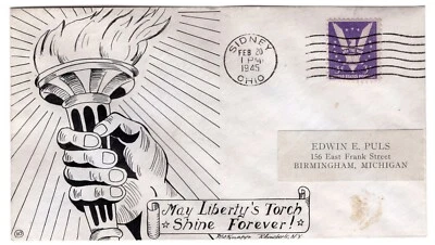 Dorothy Knapp Hand-Drawn Cachet #10 Statue of Liberty WWII Patriotic 1945 - Image 1 of 2