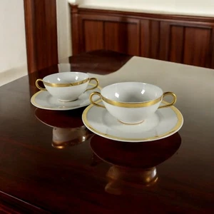 Antico set 2 tazze e piattini brodo porcellana bianca oro Wm Guerin Limoges - Foto 1 di 10