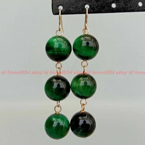 10mm Fashion Natural Green Tigers Eye Round Beads Gold Earrings Jewelry - Picture 1 of 12
