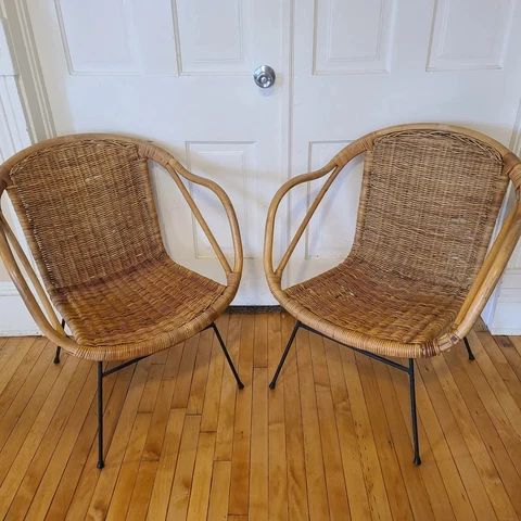 Vintage Mid Century Modern Wicker Patio Rattan Bucket Scoop Basket Chairs Pair Cover