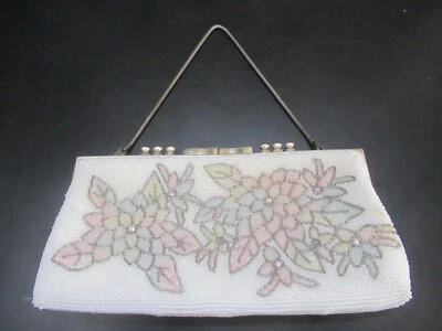 STUNNING ANTIQUE White Beaded Floral Embroidered Handbag Eveningwear Purse - Image 1 of 4