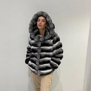 Cappotti donna cincillà con cappuccio vera vera pelliccia di coniglio Rex giacche abbigliamento invernale - Foto 1 di 6