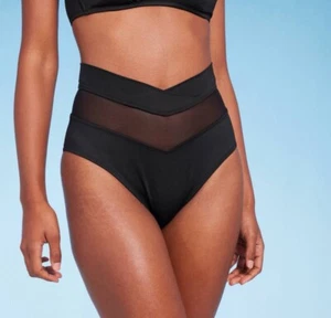 Shade & Shore High Waist Bikini Bottom S (4-6) Black Mesh Insert NWT - Picture 1 of 4