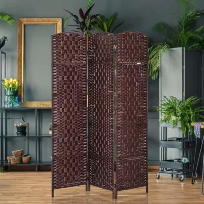 HOMCOM Room Divider 6' 3-Foldable Panels Wood Frame Diamond Rattan Weave Brown - Image 1 of 4