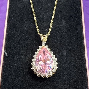 ๐ 14k Yellow Gold Pear Cut Pink Sapphire & Diamond Pendant Necklace 18" - Picture 1 of 7