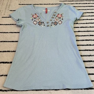 Alp N Rock Shirt Womens Size Small Blue Ribbed Floral Embroidery Stretch Henley - Imagen 1 de 8