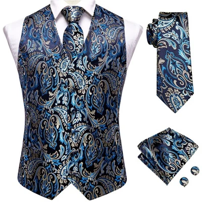 Plus Size S-5XL Mens Waistcoat Navy Paisley Vest Tie Hankie Cufflinks Set Casual - Image 1 of 4