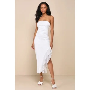 Vestido midi Lulus “Graceful Perfection” blanco satinado con volantes sin tirantes - Grande Nuevo con etiquetas - Imagen 1 de 7