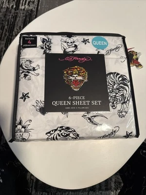 Ed Hardy 6-Piece Queen Sheet White Black Tiger Tattoo Skull Shark Y2K NEW - Image 1 of 4