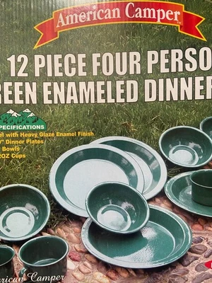 American Camper Green Enameled Steel 4-Person 12-Piece Dinner Set NOS Open Box - Image 1 of 4